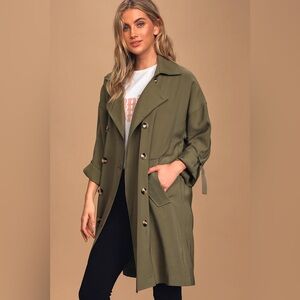 Lulus Adventuresome Olive Green Double Breasted Trench Coat size small
